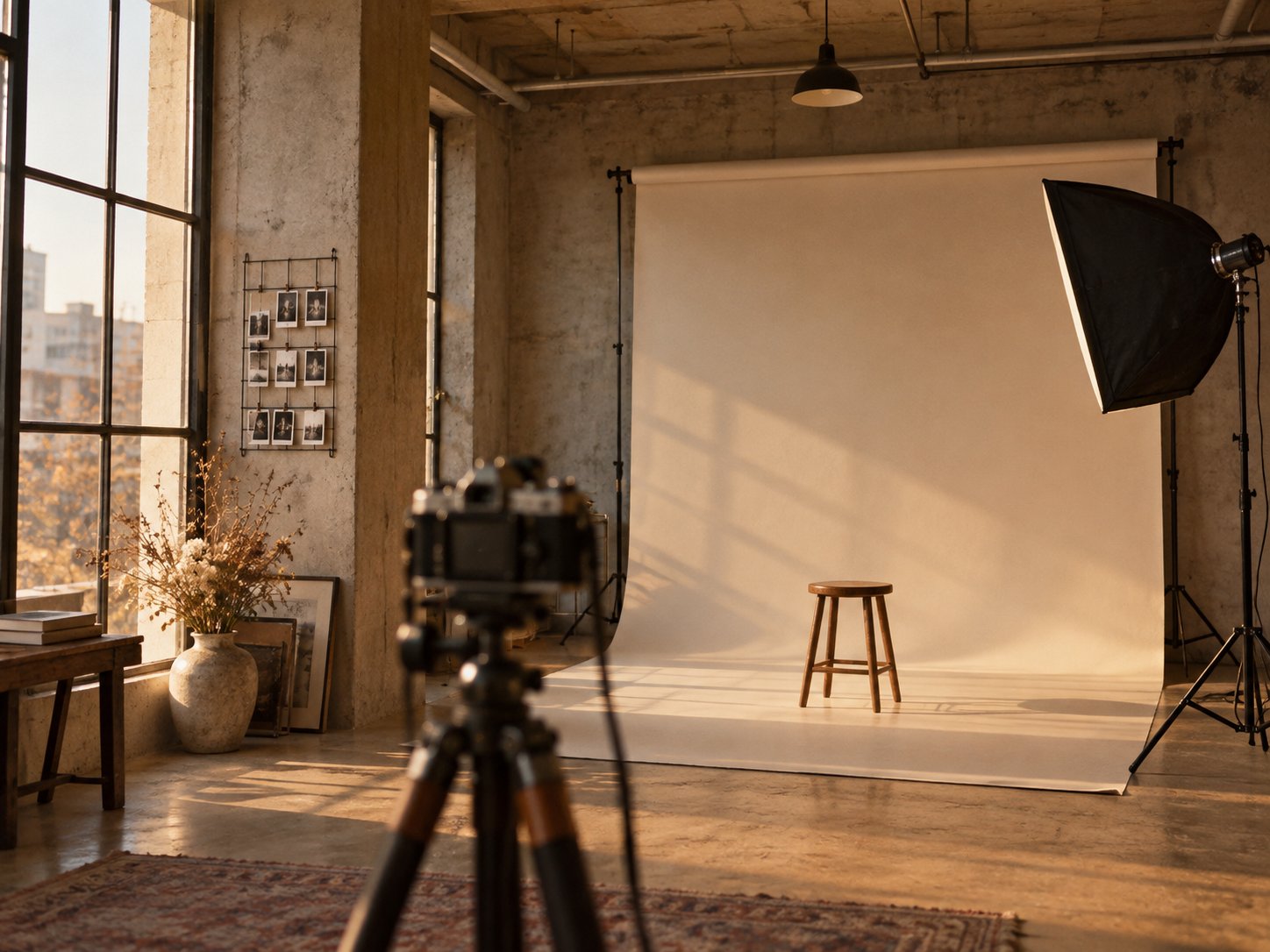 Studio Haru's sunlit Seongsu studio with a paper backdrop and stool